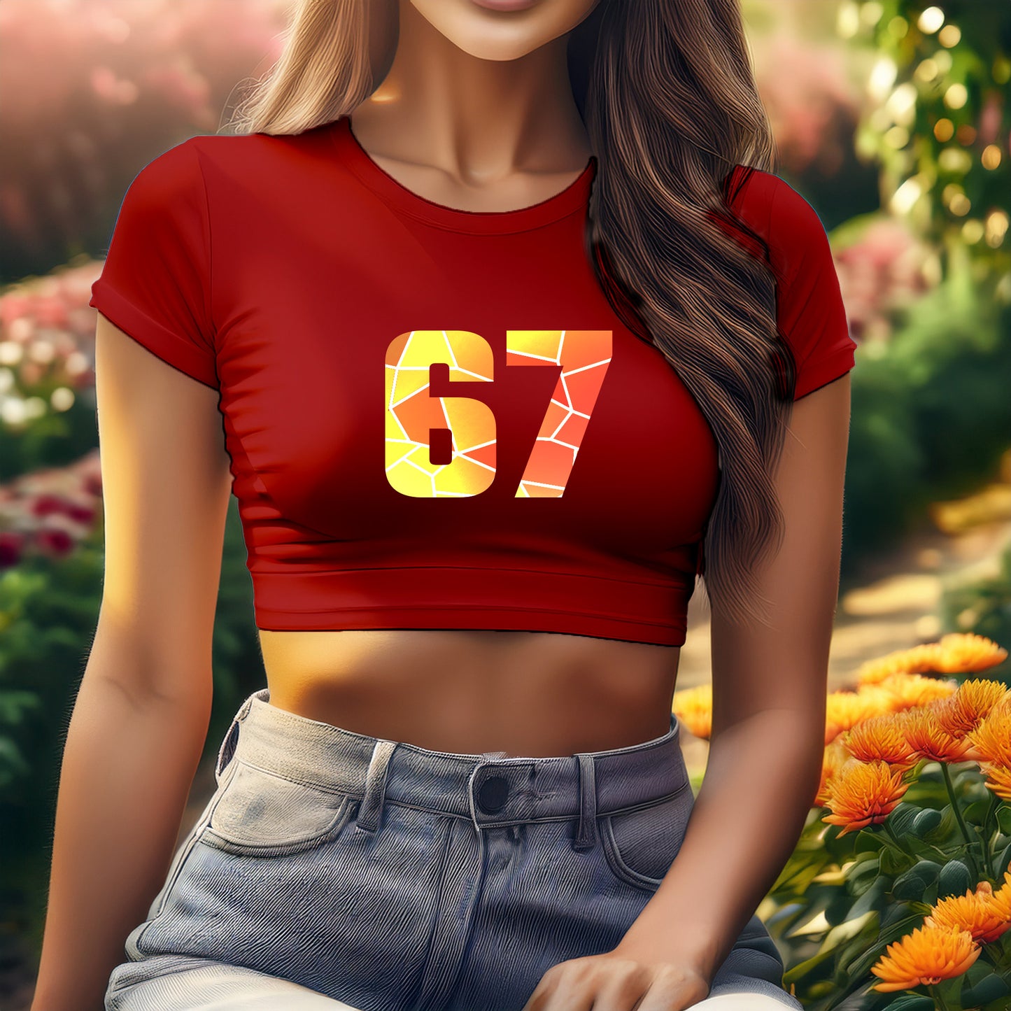 67 Number Women Crop Top (Red)